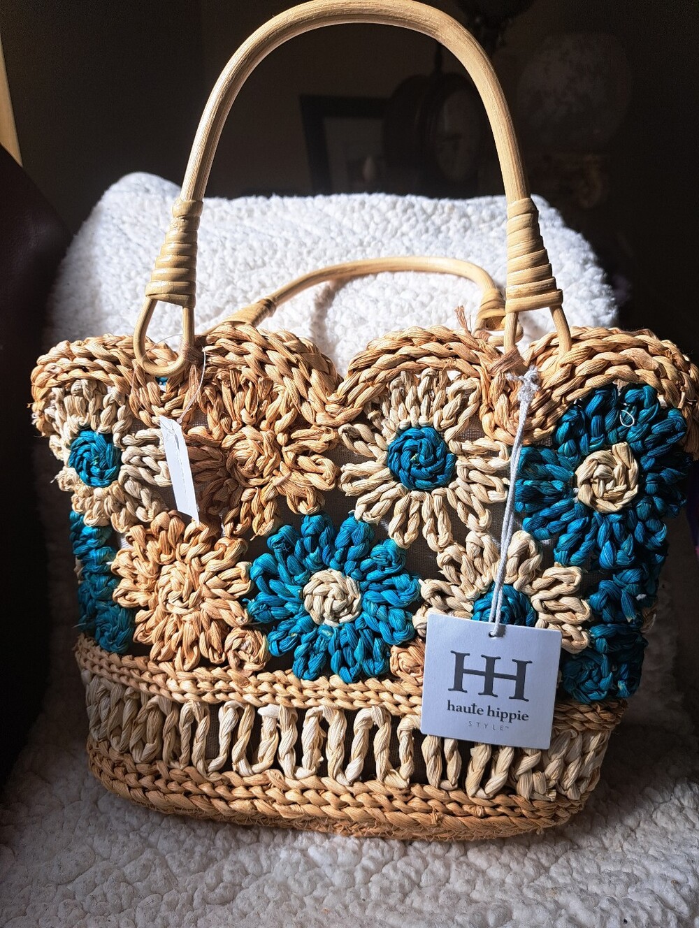 NWT Haute Hippie Teal and Natural Crocheted Floral Straw Tote